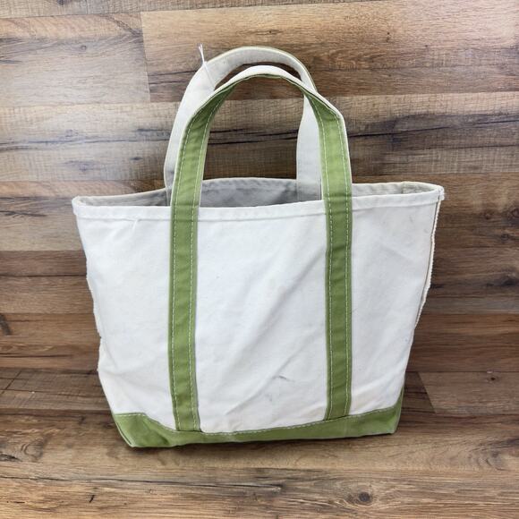 Vtg LL Bean “E” Boat Tote Small Bag Natural With Olive Green 13" by 9.5" - Picture 2 of 8